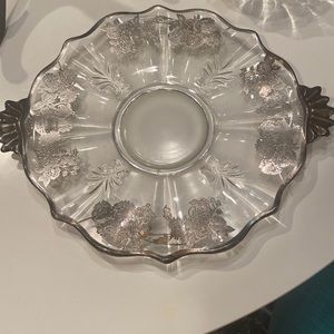 Vintage glass plate and matching candy dish with silver edges